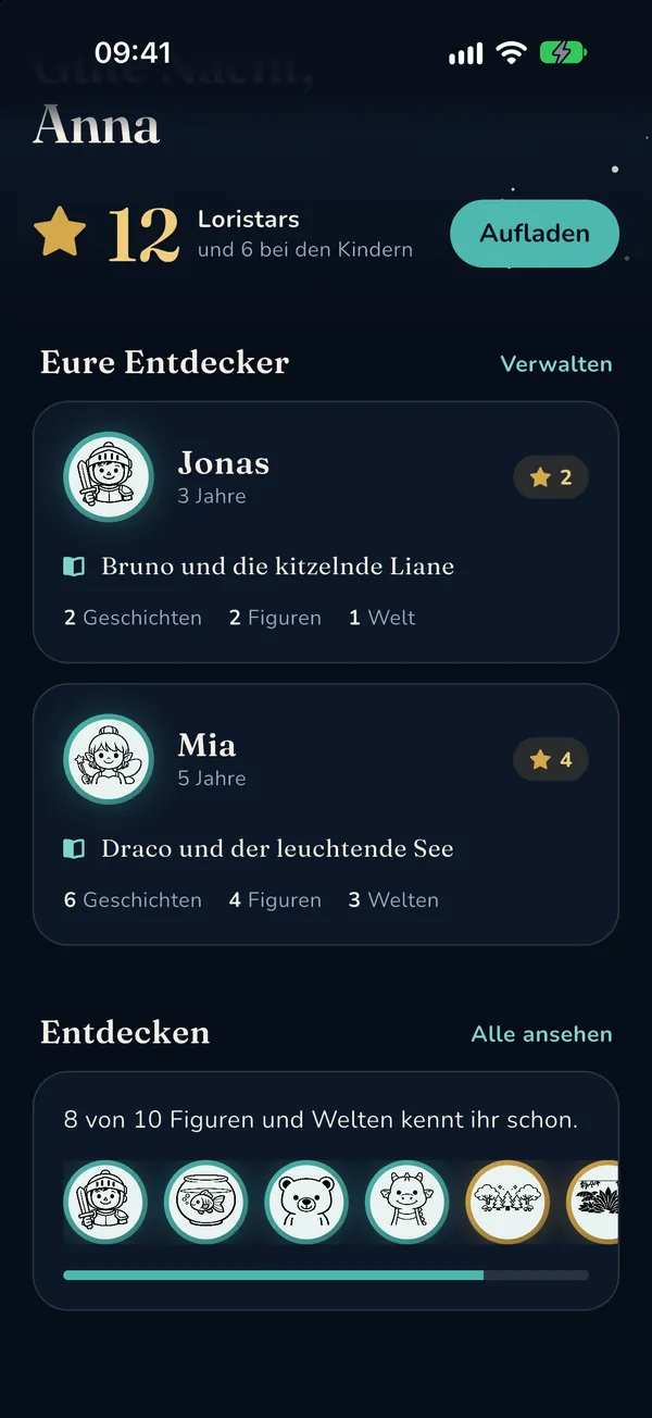 Startseite der Eltern-App: 12 Loristars, die Kinder Jonas und Mia mit ihren letzten Geschichten und ein Fortschritt beim Entdecken