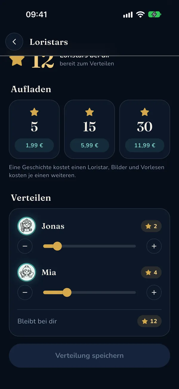 Loristars aufladen und mit Schiebereglern an Jonas und Mia verteilen