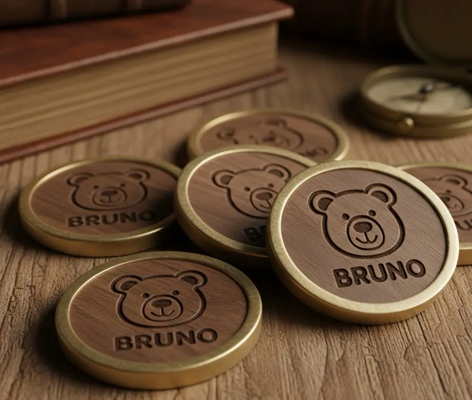 Mehrere runde Holz-Coins mit goldfarbenem Metallring, eingraviert ein Bärenkopf und der Name Bruno