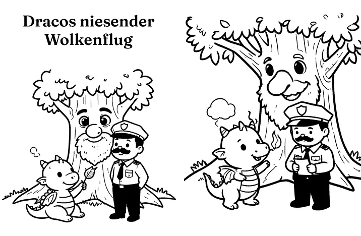 Zwei Schwarz-Weiß-Zeichnungen: das Titelbild „Dracos niesender Wolkenflug“ mit Draco, Polizist Markus und dem Baum Silas, daneben eine Szene der drei unter dem Baum
